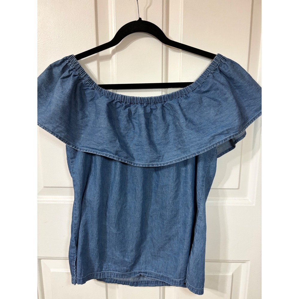 Cavalini | Denim Off The Shoulder Ruffle Top | L || Blue|